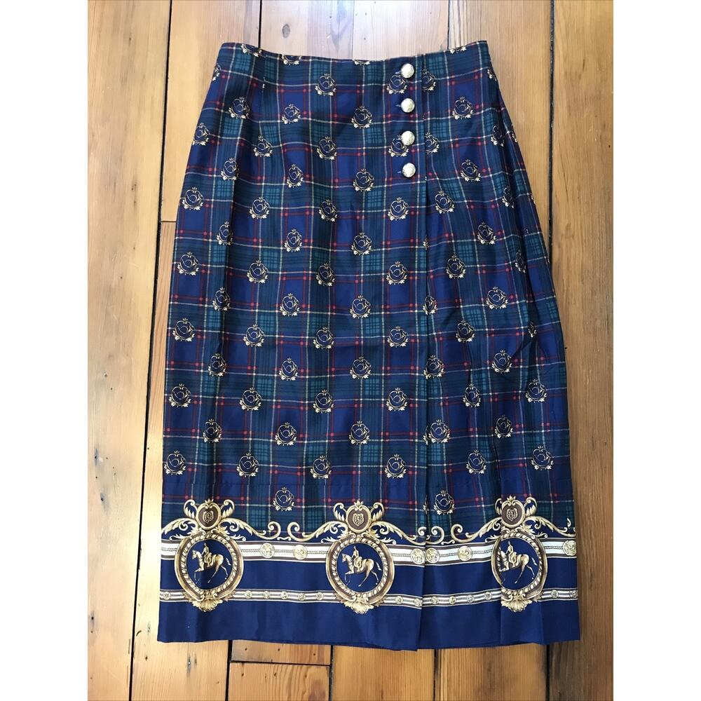 Vintage Euro Linea Preppy Dressage Plaid Rayon Wrap Brass Button Up Skirt 30"